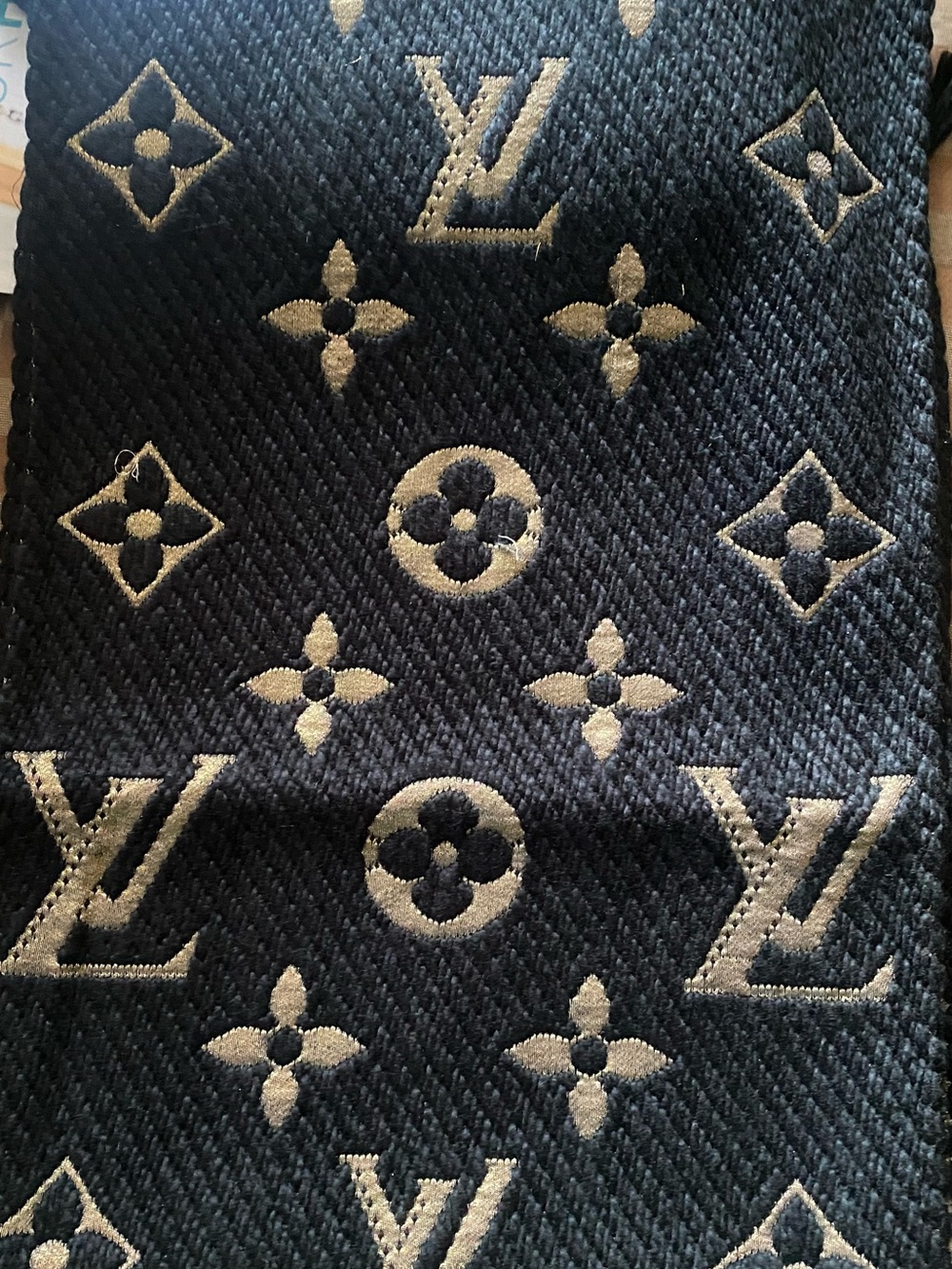 New Navy and Beige Monogram Wool Scarf - Picture 4 of 10